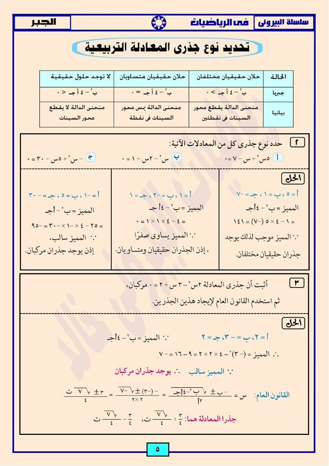 الرياضيات - بالصور: اقوى 17 ورقة مراجعة نهائية جبر الصف الاول الثانوي ترم اول - سلسلة البيروني في الرياضيات 5