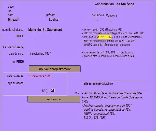 Mireault, Louise Religieuse |  Marie du St-Sacrement  [x] Mireault