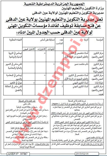 إعلان مسابقة توظيف في مديرية التكوين والتعليم المهنيين لولاية عين الدفلى فيفري 2015 Ai%2BDefla