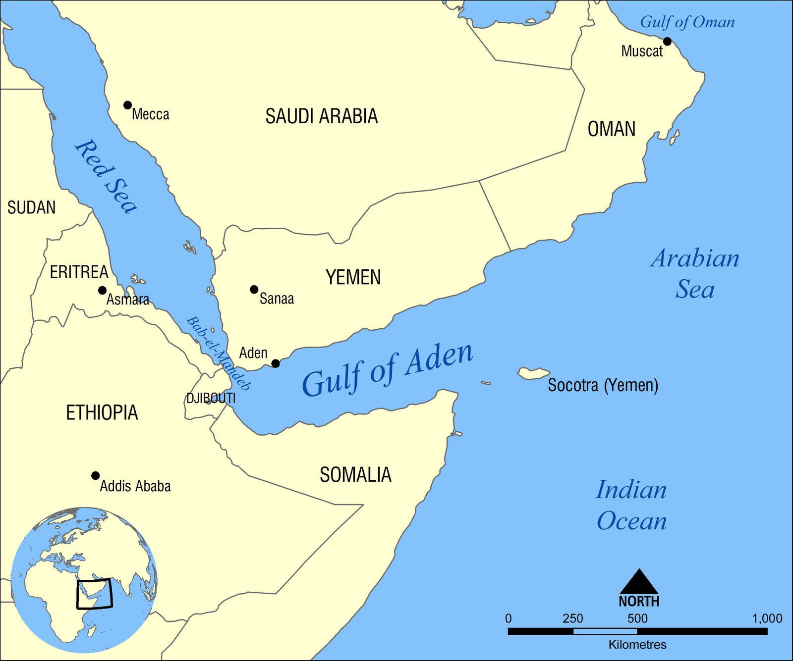 Yibuti / Djibouti: Tres militares de España heridos en un atentado. Gulf_of_Aden_map