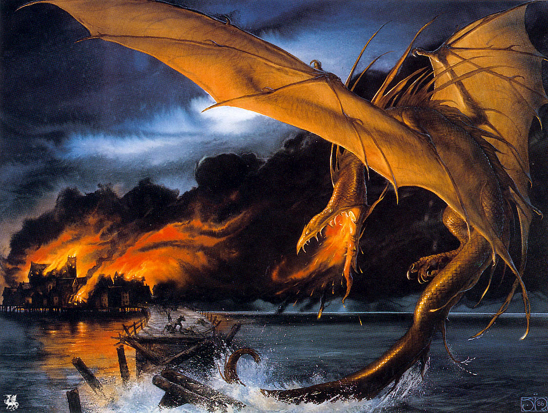 → Kohaku-kun / Suzu-chan - Página 4 Ma_Tolkien11_John_Howe_Smaug_over_Esgaroth