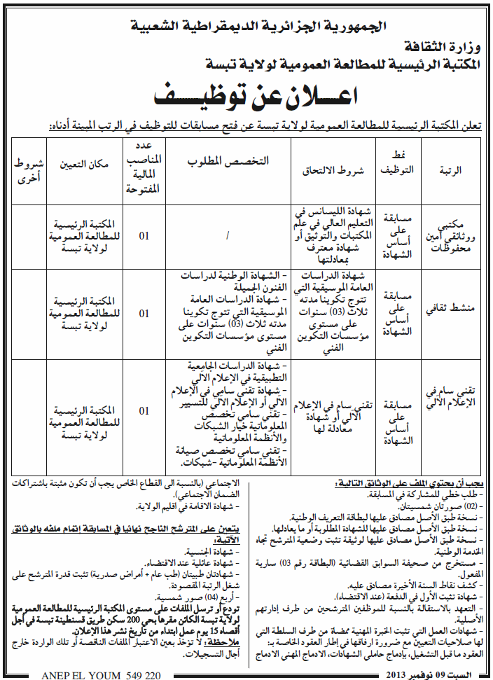  مسابقة توظيف بالمكتبة الرئيسية للمطالعة العمومية لولاية تبسة نوفمبر 2013  Tbessa