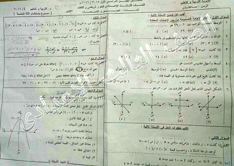 محافظة الشرقية: امتحان الجبر للصف الثالث الإعدادى نصف العام 2016 12540751_946736652046681_347397289451808031_n