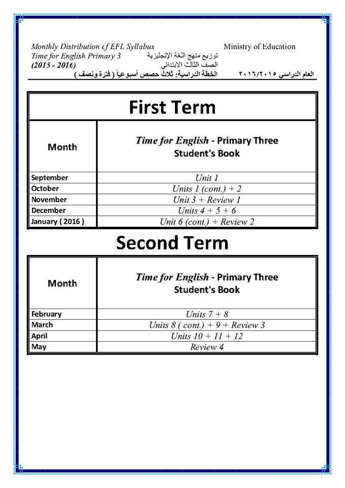 توزيع منهج اللغة الإنجليزية لجميع صفوف المرحلة الابتدائية 2015-2016 للترمين 3