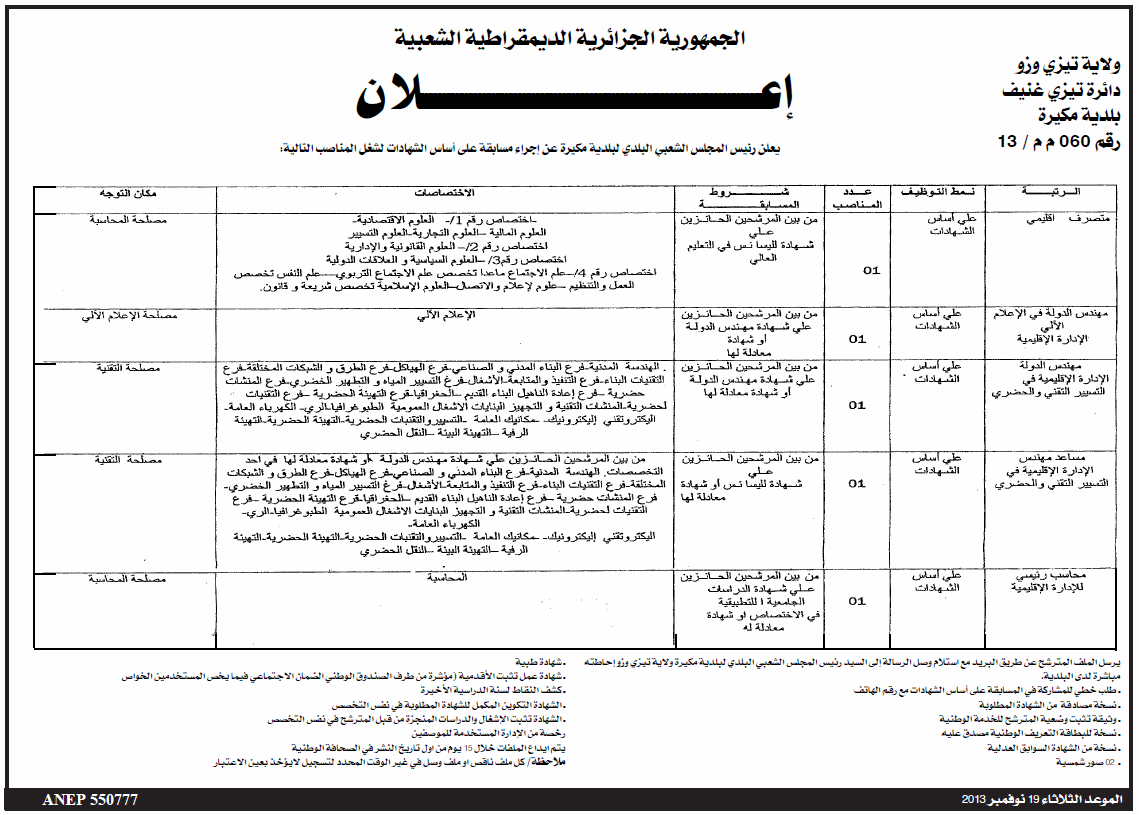  مسابقة توظيف في بلدية مكيرة دائرة تيزي غنيف بولاية تيزي وزو نوفمبر 2013  Tizi