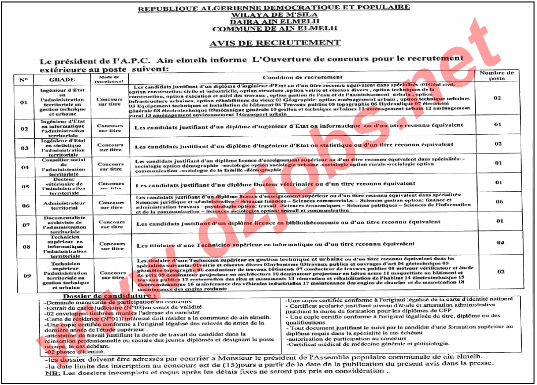  إعلان مسابقة توظيف في بلدية عين الملح ولاية المسيلة 26 ديسمبر 2013  Msila5