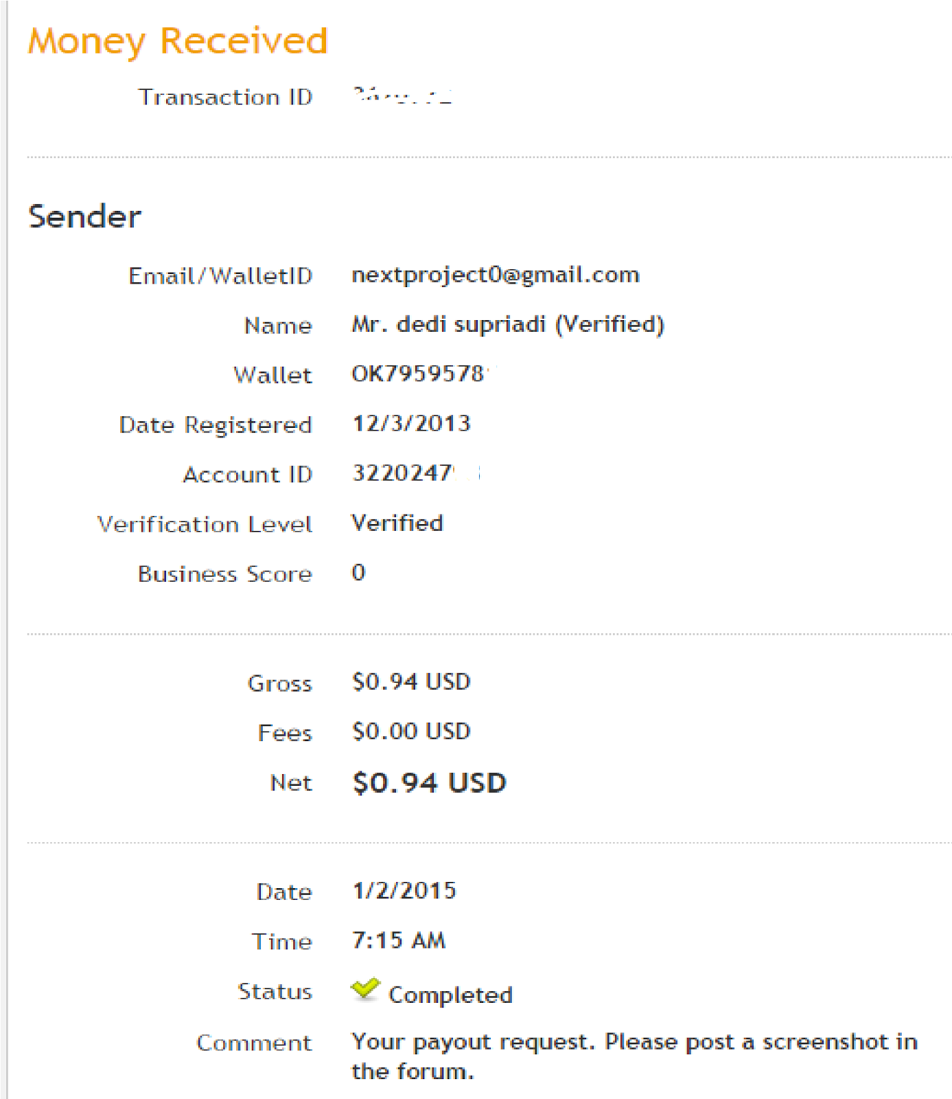 Proof of payment of  Queods worth $ 1 today 2 - On 1-2015  33333333333333333