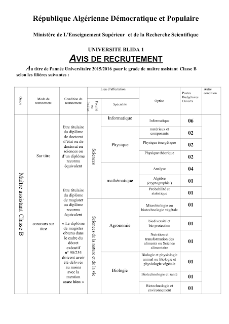  إعلان توظيف أساتذة جامعيين في جامعة البليدة 1 - ماي 2015 ( إعلان واضح )  1