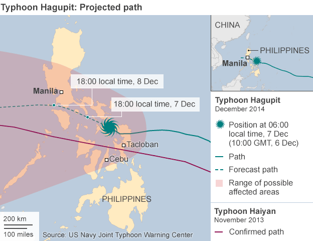 Typhon Hagupit : les Philippines violemment frappées,21 morts, Manille en état d'alerte Hagupitupdatedmap0955