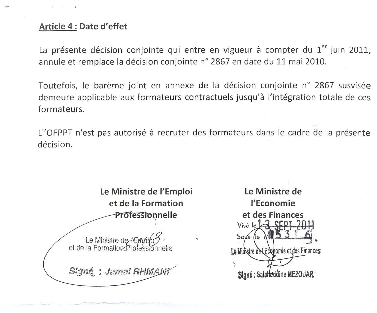 la décision entre le ministère de l’emploi et le ministère des finances relative à l’intégration des formateurs contractuels Page03