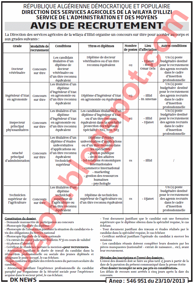 اعلان مسابقة توظيف في مديرية المصالح الفلاحية لولاية إليزي أكتوبر 2013 Illizi