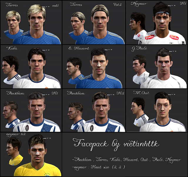 PES 2013: Fernando Torres, Neymar, Kaká, Eden Hazard, Gareth Bale, Beckham e Mesut Özil Faces by vietanhltk Previewfacepack