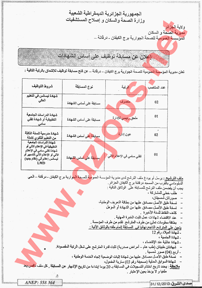  إعلان توظيف في المؤسسة العمومية للصحة الجوارية برج الكيفان الجزائر جانفي 2014  Alger