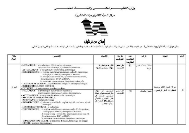 اعلان توظيف اساتذة البحث قسم ب في مركز تنمية التكنلوجيات المتطورة 2012 429333_312256758837935_100001608398276_875421_921910008_n