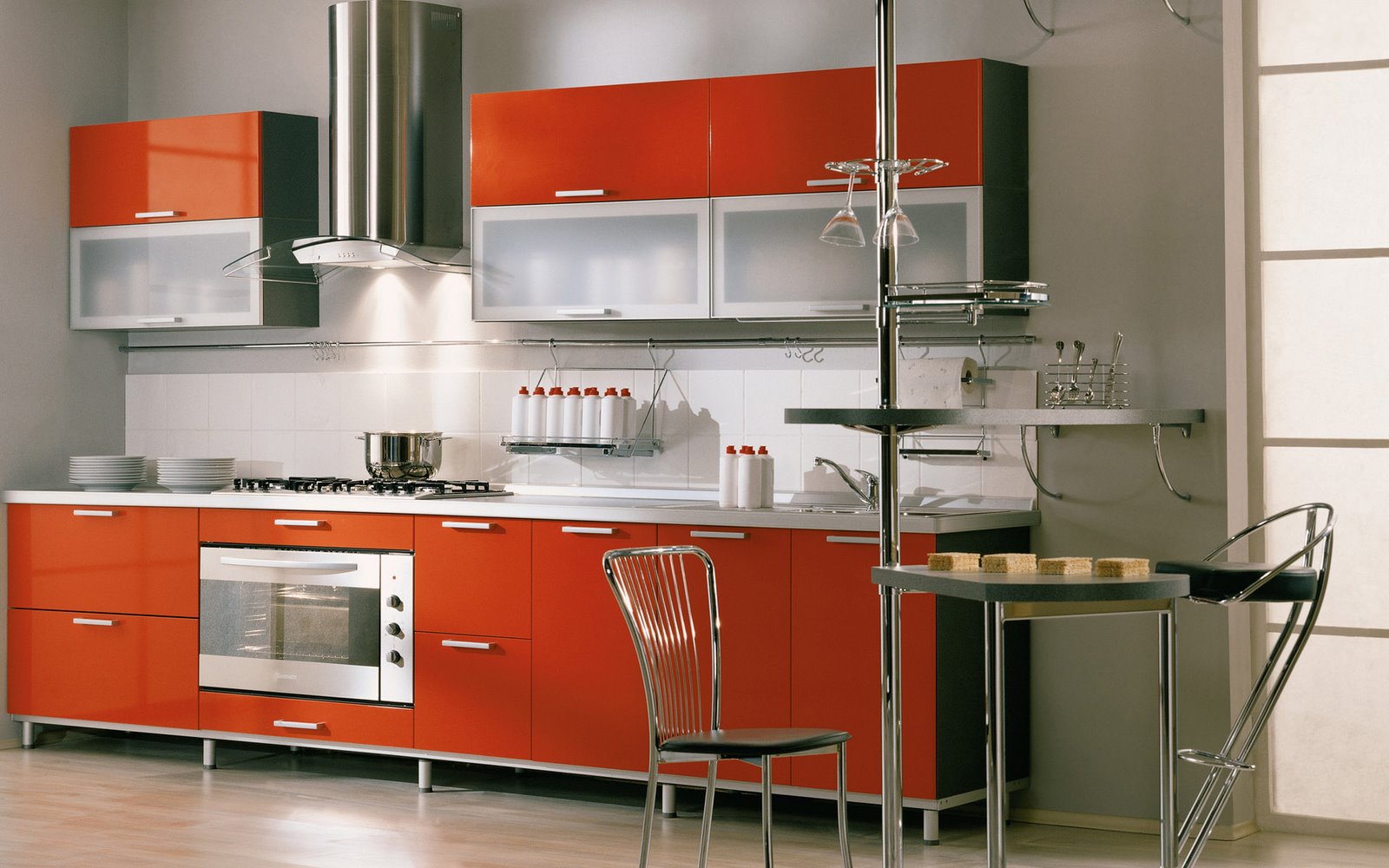 home decoration design Italian-kitchen-design-red-open-layout-fitted-cabinets-chrome-chimney-sleek-modern-elegant-look