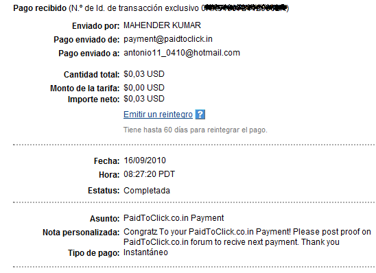 1° y 2° Pago de PaidToClick (click a 0,007$ y minimo de 0,01$, instantaneo) PaidToClix_1