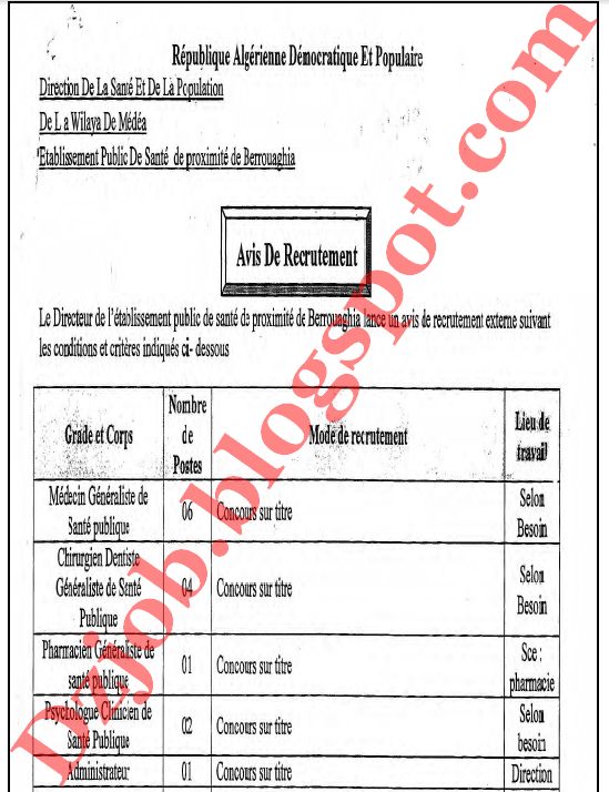 اعلان توظيف في المؤسسة العمومية للصحة الجوارية البرواقية ولاية المدية أوت 2012 1