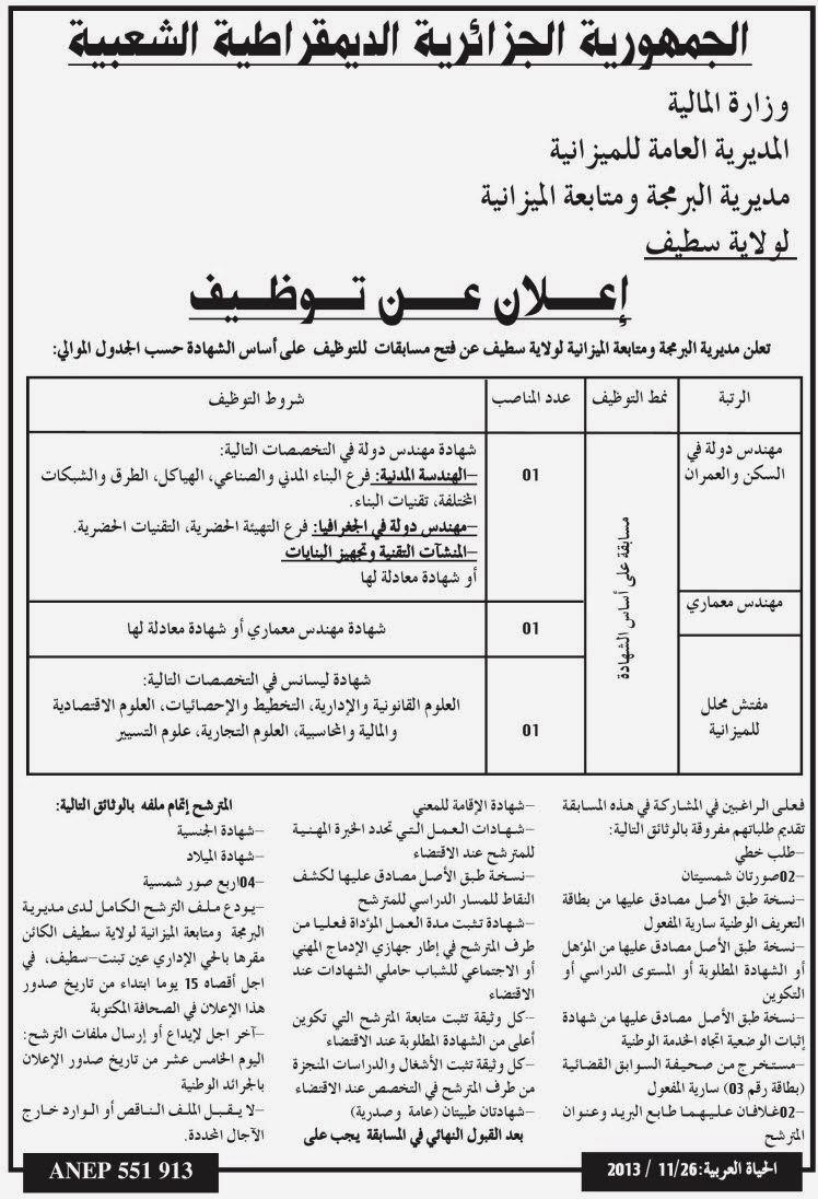 مسابقة توظيف بمديرية البرمجة ومتابعة الميزانية لولاية سطيف نوفمبر 2013 %D8%B3%D8%B7%D9%8A%D9%81