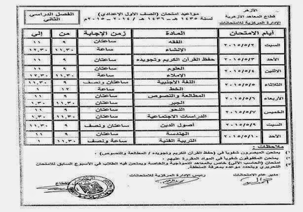 جداول امتحانات اولى وتانية اعدادى ازهرى ترم2_2015 - جداول امتحانات الترم الثانى 2015 للصف الاول والثانى الاعدادى الازهرى 1%2B%D8%A7%D8%B9%D8%AF%D8%A7%D8%AF%D9%89%2B%D8%A7%D8%B2%D9%87%D8%B1