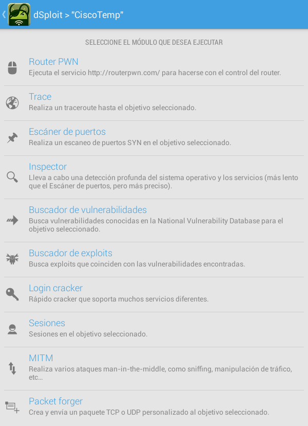 Dsploit "Pentesting y WiFi hacking desde android" 1de 2 Acciones