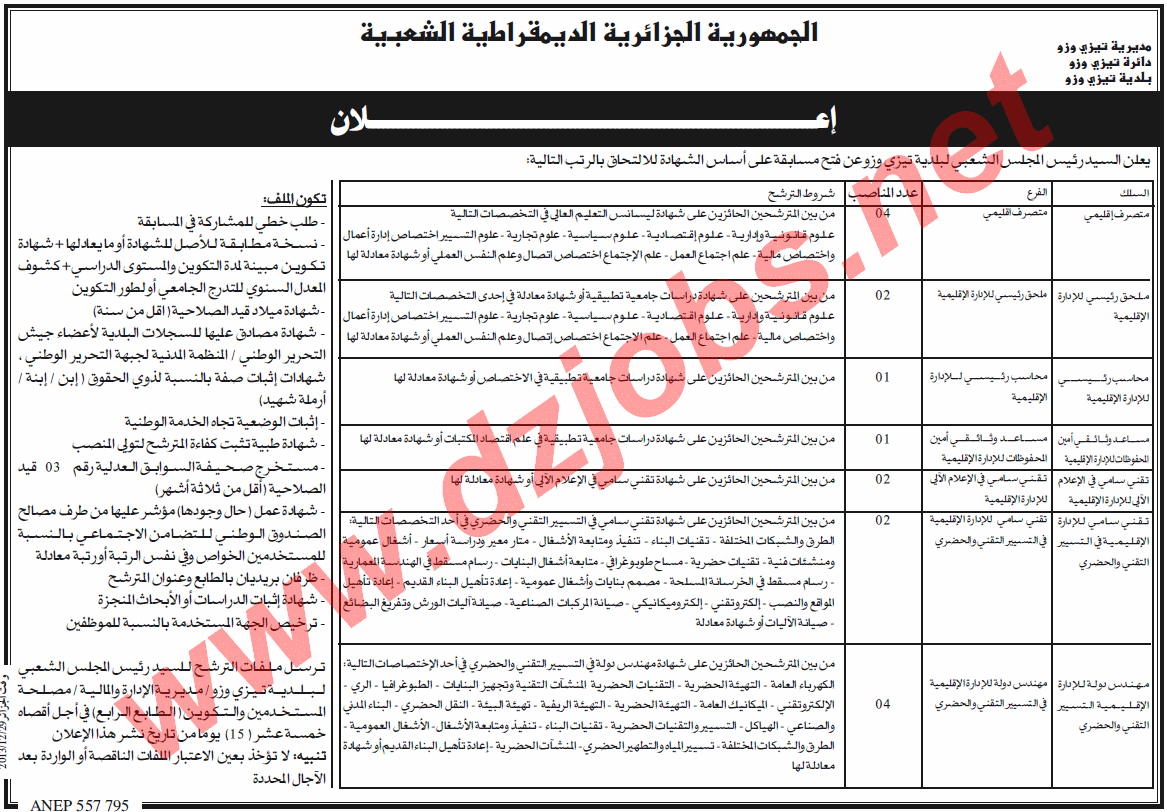 إعلان مسابقة توظيف في بلدية تيزي وزو ديسمبر 2013 Tizi