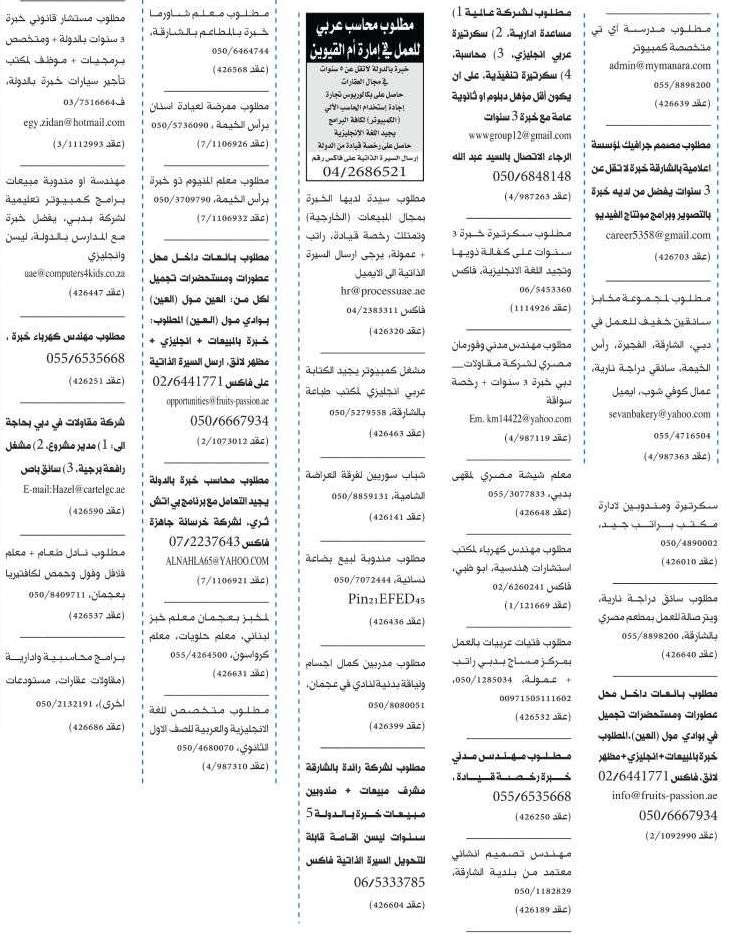 وظائف الامارات - اعلانات وظائف جريدة الخليج الثلاثاء 4/12/2012 1-1