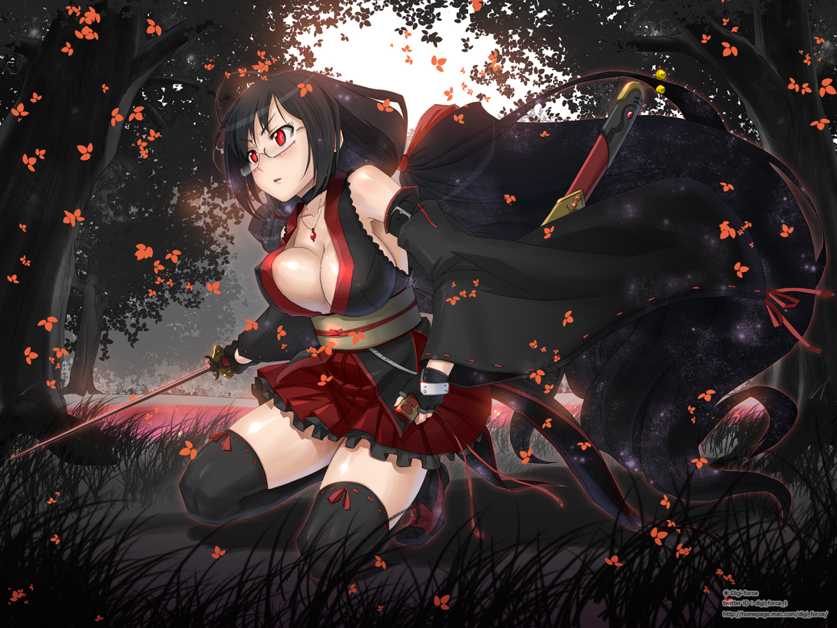 blood C por mediafire Konachan-com-112371-black_hair-blood-c-cleavage-glasses-kimura_tatsuki-kisaragi_saya-leaves-necklace-ponytail-red_eyes-skirt-sword-thighhighs-watermark-weapon