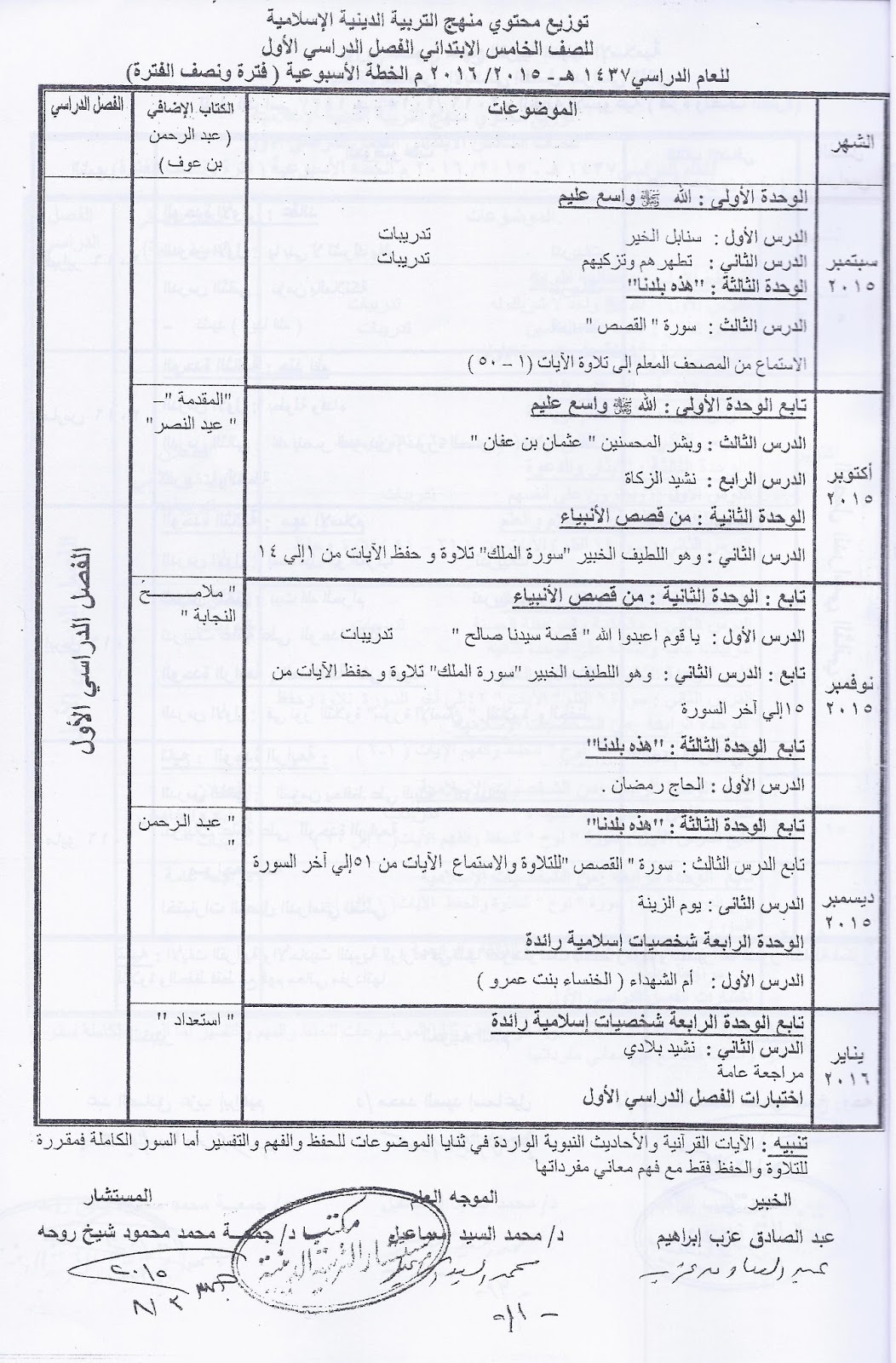 توزيع محتوى منهج التربية الدينية الإسلامية للصف الخامس الابتدائى للترمين 2015-2016 Scan0009