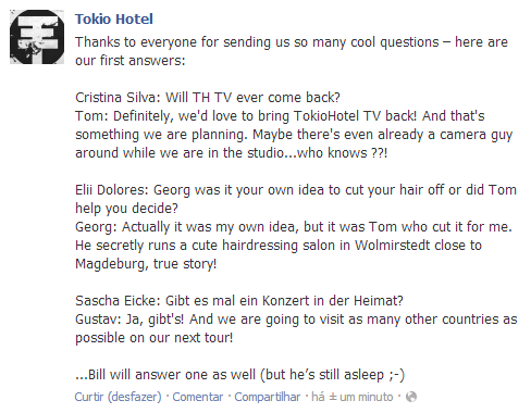 Facebook Tokio Hotel: Georg, Gustav e Tom respondem fãs. Asnwers