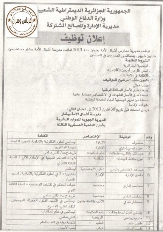 اعلان مسابقة توظيف بمديرية مدرسة اشبال الامة بولاية بشار مارس 2013 0101