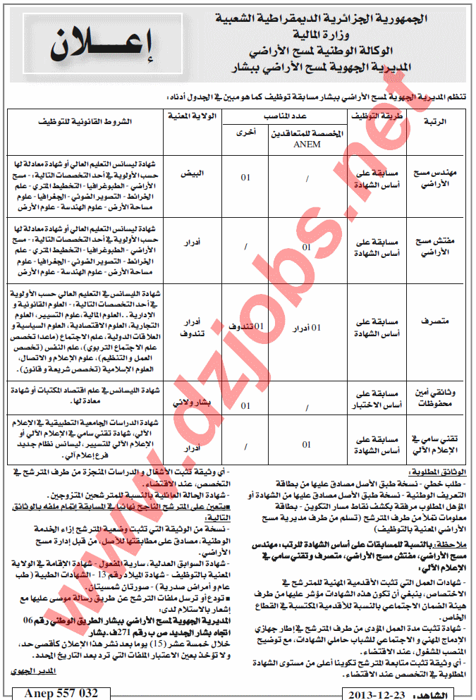  إعلان مسابقة توظيف في المديرية الجهوية لمسح الأراضي بشار ديسمبر 2013  Bechar