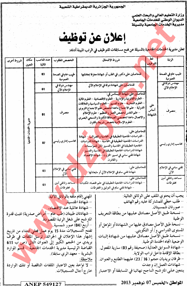 توظيف بمديرية الخدمات الجامعية لولاية المسيلة نوفمبر 2013 0