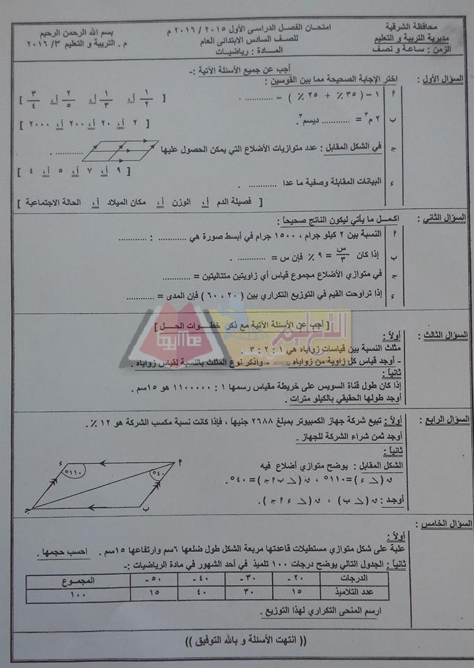 محافظة الشرقية: امتحان الرياضيات للصف السادس الابتدائي نصف العام 2016 الذى أثار ارتباك كبير للطلاب Modars1.com-n215