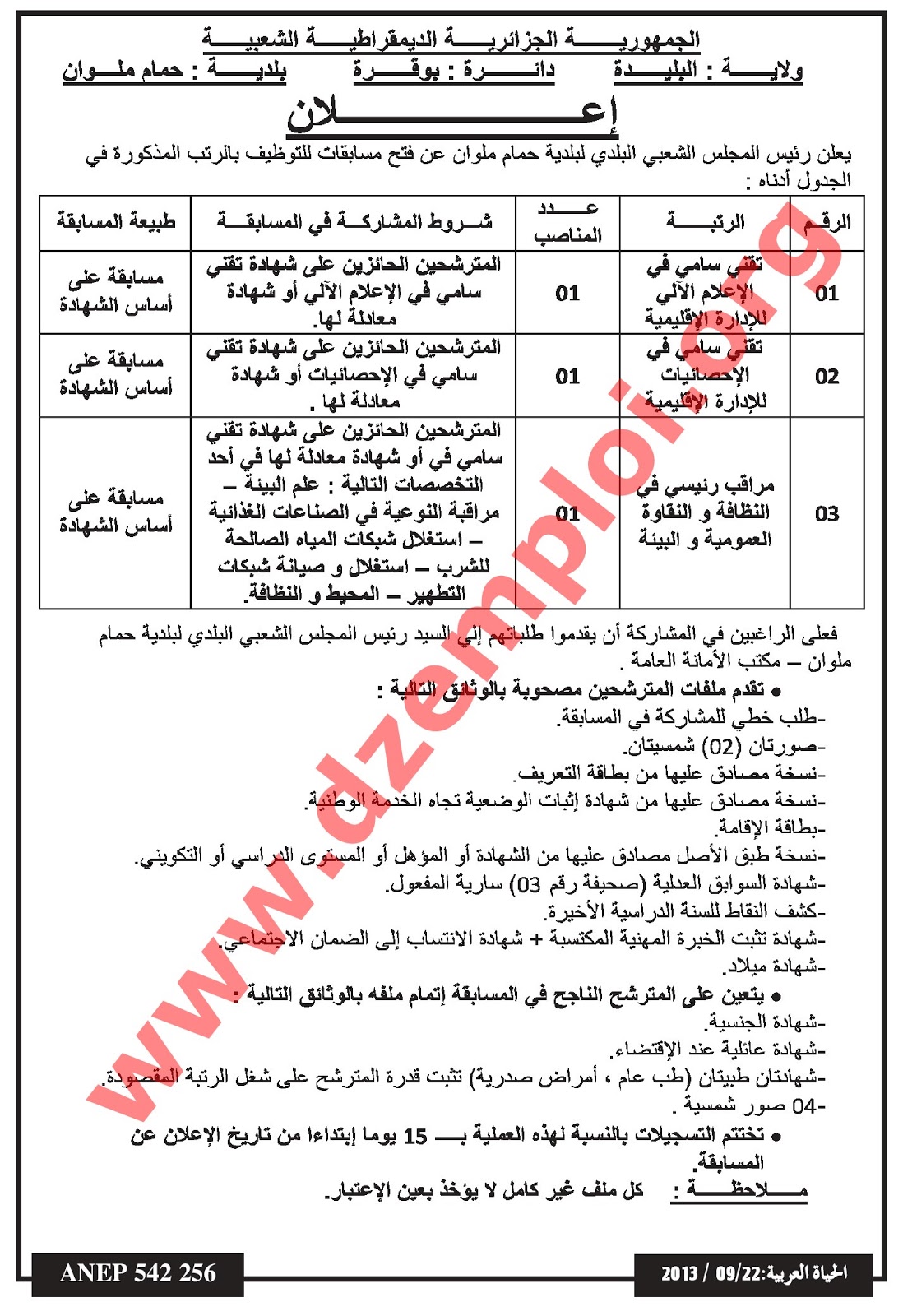 إعلان توظيف في بلديتي الشريعة دائرة أولاد يعيش و حمام ملوان دائرة بوقرة ومركز التكوين المهني بوفاريك ولاية البليدة سبتمبر 2013  Blida