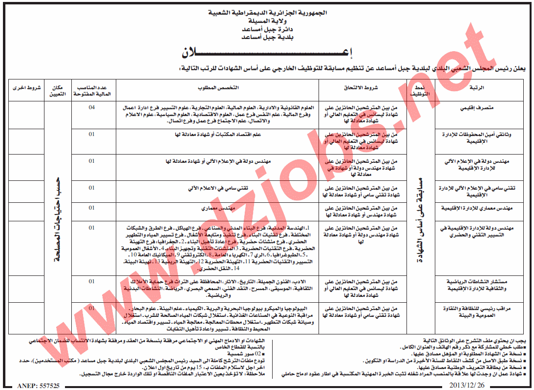  إعلان مسابقة توظيف في بلدية جبل أمساعد ولاية المسيلة 26 ديسمبر 2013  Msila4