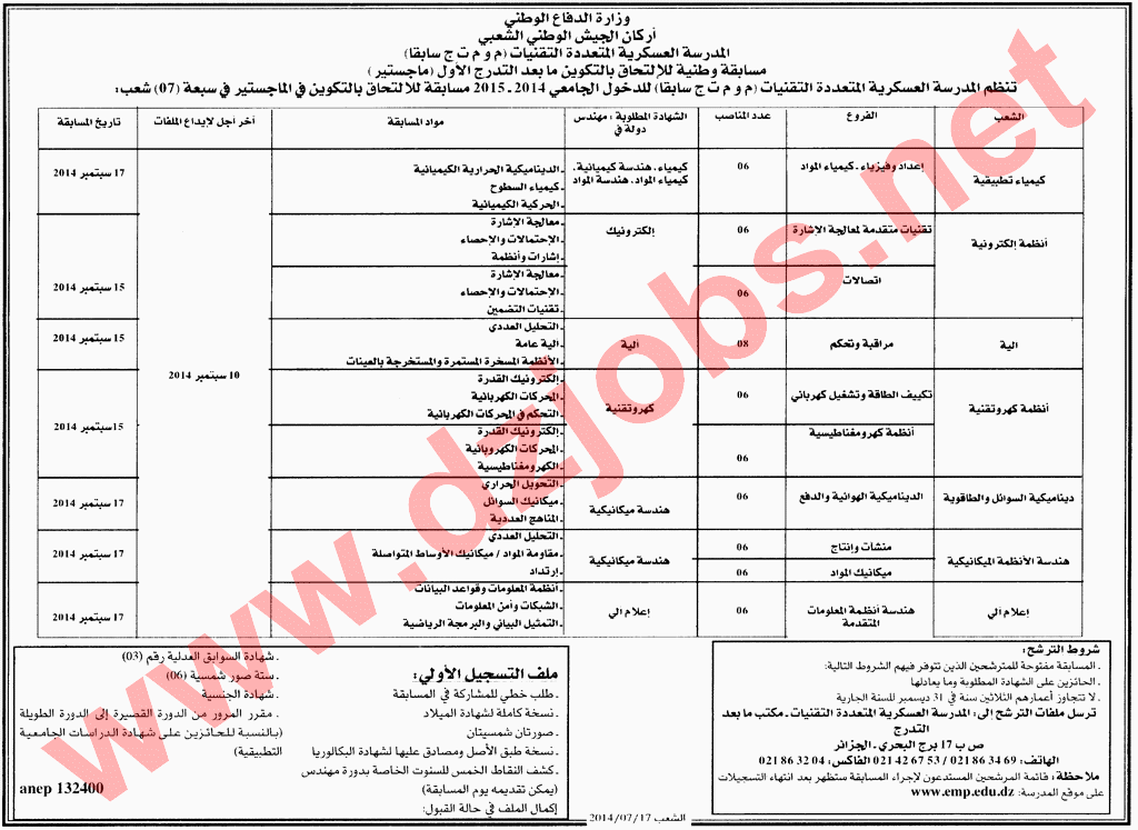 إعلان مسابقة ماجستير المدرسة العسكرية المتعددة التقنيات 2014 Mag