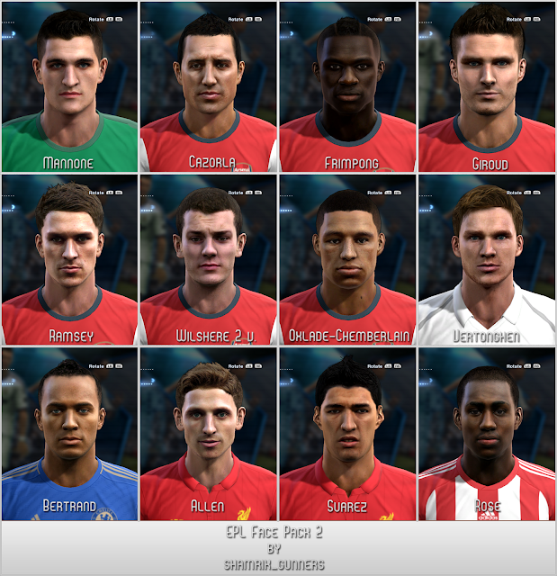 PES 2013: Vito Mannone, Emmanuel Frimpong, Olivier Giroud, Aaron Ramsey, Jack Wilshere, Alex Oxlade-Chamberlain, jan Vertonghen, Ryan Bertrand, Joe Allen, Luis Suárez, Danny Rose Faces  by:Shamrik_gunners Eplb