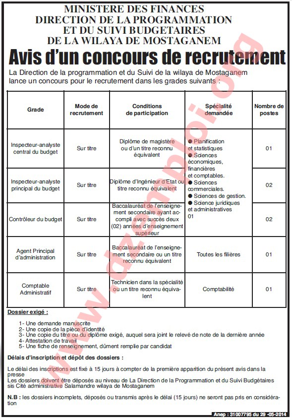  إعلان توظيف في مديرية البرمجة ومتابعة الميزانية لولاية مستغانم ماي 2014  Mostaganem