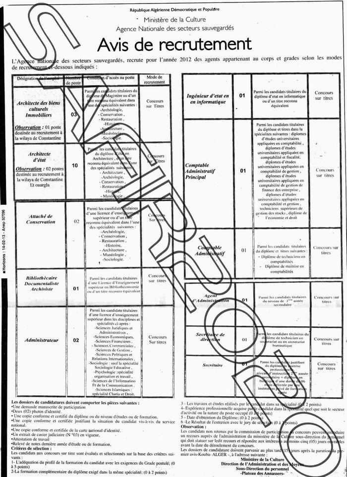 مسابقة توظيف في الوكالة الوطنية للقطاعات المحفوظة بوزارة الثقافة فيفري 2013 1