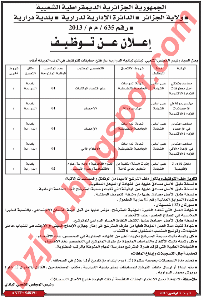 مسابقة توظيف ببلدية درارية بولاية الجزائر نوفمبر 2013 Alger