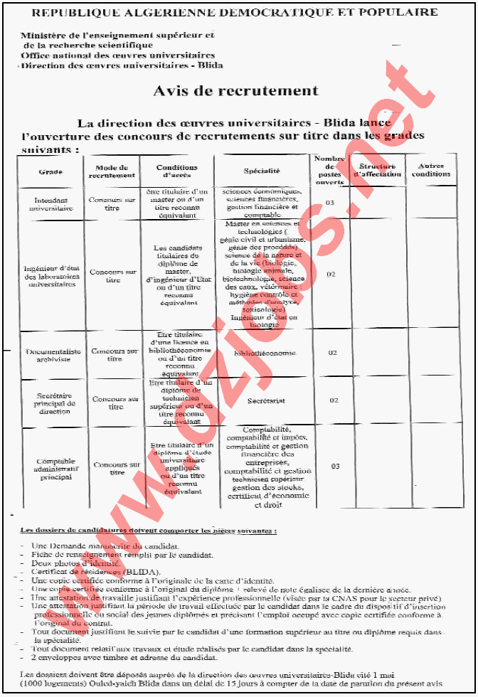 مسابقة توظيف بمديرية الخدمات الجامعية لولاية البليدة أوت 2014 Blida