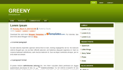 நவீன வசதிகளுடன் கூடிய 2010 க்கான Latest Blogger Templates Greeny