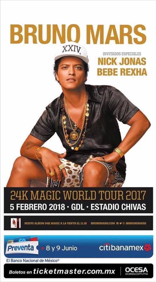 Bruno is bringing #24KMagicWorldTour to Mexico! January 31, February 2, 3 and 5! With special guests: @BebeRexha & @nickjonas  Tumblr_oqvr2kPweu1rgu4kio2_1280