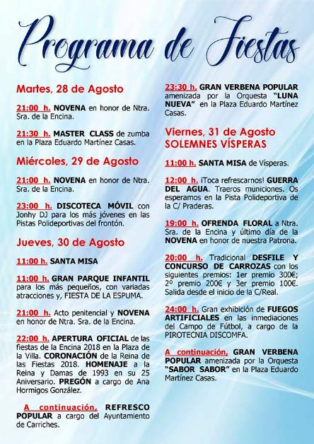 Programa de las fiestas en honor de la Virgen de la Encina 2018 en Carriches Fiestascarriches18_1