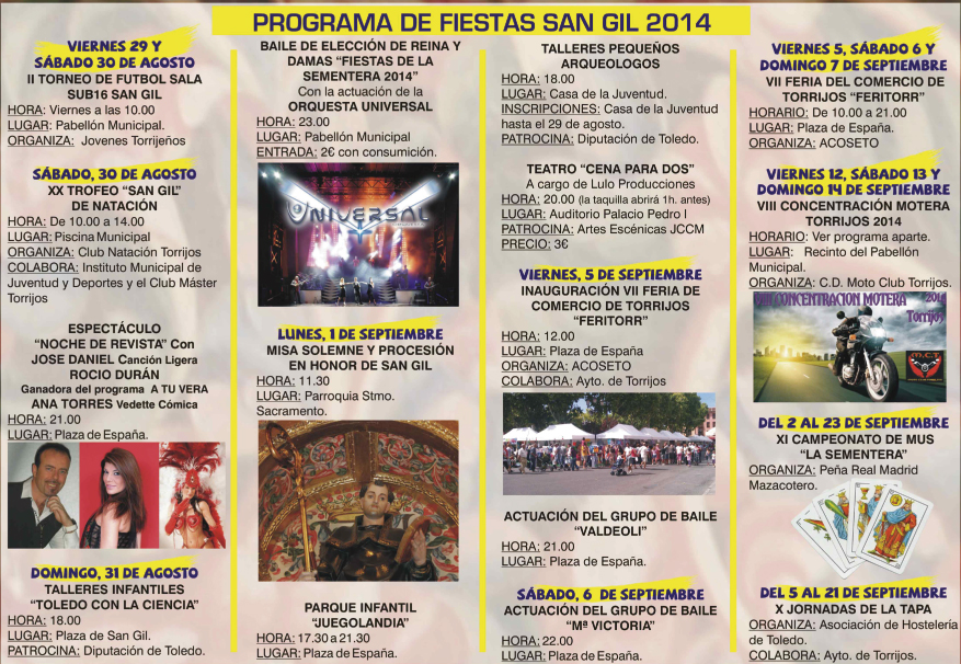 Programa de la fiesta en honor a San Gil, septiembre 2014, en Torrijos Fiestasangil2014