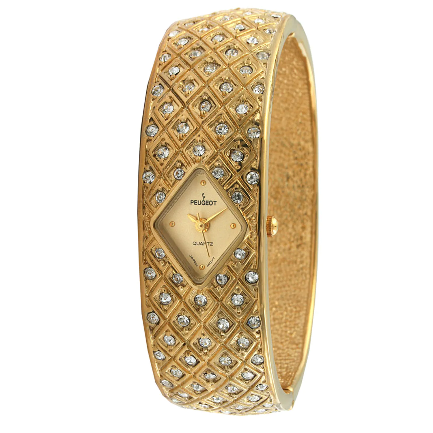 افخم تصميمات الساعات المرصعة بالماس لعام 2015  Peugeot-Womens-Vintage-Goldtone-Crystal-Bangle-Watch-P14681284