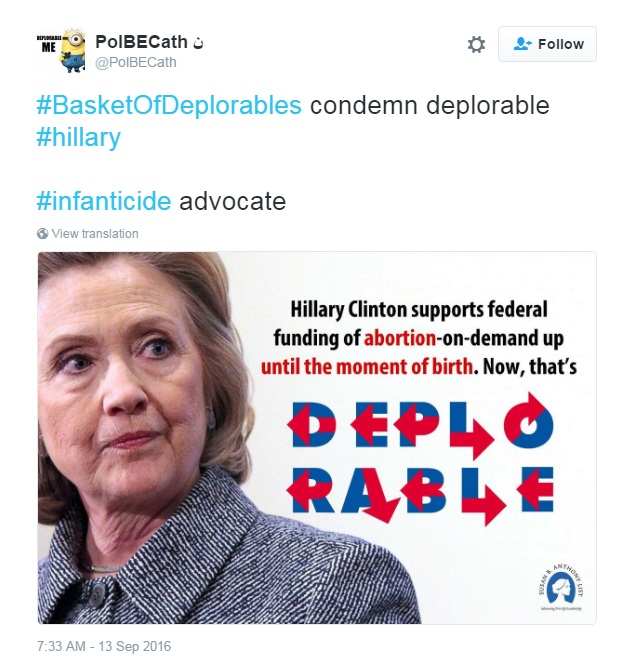 Hillary Clinton Makes This Declaration To All Americans: ‘If You Are A Conservative Christian Who Is Against Islam And Homosexuality, You Are Not An American.’ BasketDeplorablesTweet4