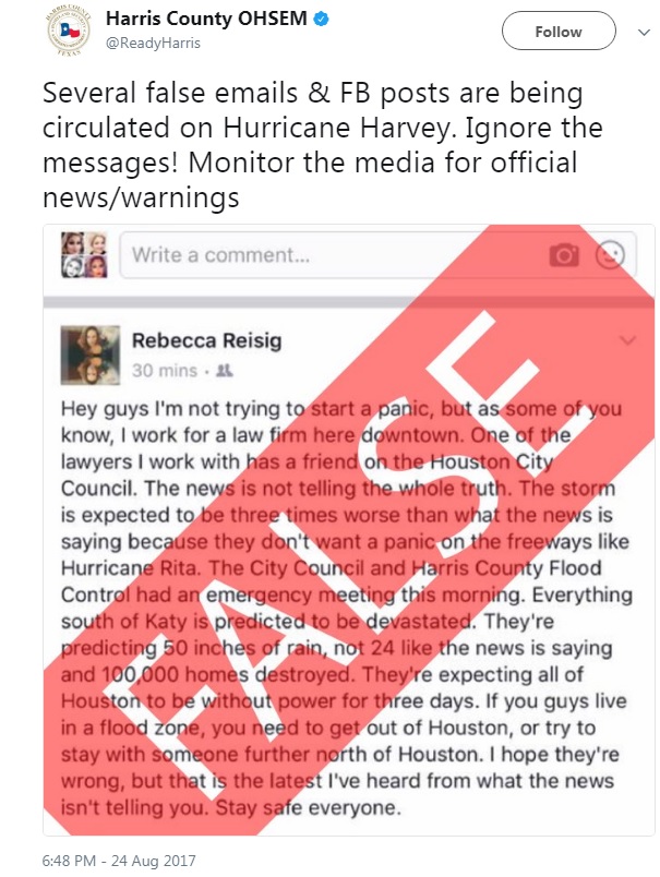 Houston Officials Lied, People Died - Warnings Of Catastrophic Flooding From Harvey Were Labeled 'False' By Houston Mayor, Officials, And Media HoustonHarrisCountyTweet1