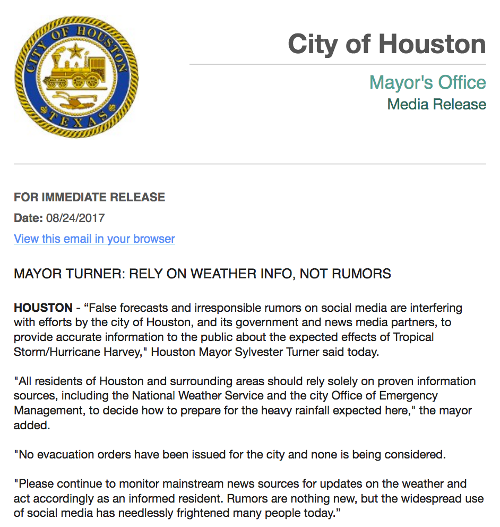 Houston Officials Lied, People Died - Warnings Of Catastrophic Flooding From Harvey Were Labeled 'False' By Houston Mayor, Officials, And Media HoustonMayorStatement1