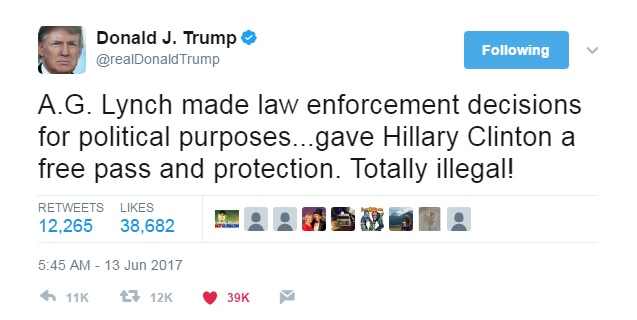 JUDGE ANDREW NAPOLITANO: "There is enough to support that tweet, in my view, to justify the commencement of a criminal investigation of former Attorney General Loretta Lynch." LynchCrimeTrumptweet1